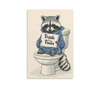 LXPPLSYY A Raccoon in A Hoodie Reading “Trash Times” on The Toilet, Minimalist Cream Background Wall Art Mural Modern Decoration Hanging Art Poster 24x36inch(60x90cm)