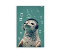 LXPPLSYY A Seal with Headphones Relaxing in Bubbles, Solid Seafoam Green Background Wall Art Mural Modern Decoration Hanging Art Poster 20x30inch(50x75cm)