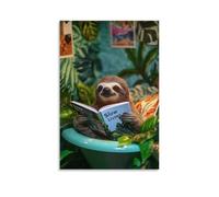 LXPPLSYY A Sloth Spending Hours in A Leafy Jungle-themed Bathroom Flipping through “Slow Living” Wall Art Mural Modern Decoration Hanging Art Poster 16x24inch(40x60cm)