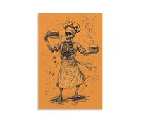 LXPPLSYY A Tattoo-style Skeleton Chef Flipping Burgers on The Beach, Sea Breeze Blowing, Solid Fire-orange Background. Wall Art Mural Modern Decoration Hanging Art Poster 20x30inch(50x75cm)