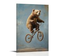 LXPPLSYY Animal Oil Painting - A Bear on A Tiny Bicycle in A Circus Stunt, Comic Oil Highlights, Pastel Blue-gray Background Wall Art Mural Modern Decoration Hanging Art Poster 16x24inch(40x60cm)