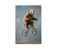 LXPPLSYY Animal Oil Painting - A Bear on A Tiny Bicycle in A Circus Stunt, Comic Oil Highlights, Pastel Blue-gray Background Wall Art Mural Modern Decoration Hanging Art Poster 16x24inch(40x60cm)