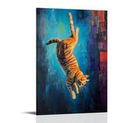 LXPPLSYY Animal Oil Painting - A Cat Doing Wall Flips between Alleyways, Vivid Oil Tones, Flat Navy Backdrop Wall Art Mural Modern Decoration Hanging Art Poster 16x24inch(40x60cm)