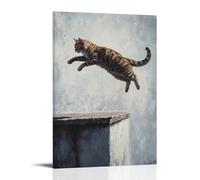 LXPPLSYY Animal Oil Painting - A Cat Fencing Mid-air over A Rooftop Edge, Cinematic Oil Drama, Flat Shadow Gray Background Wall Art Mural Modern Decoration Hanging Art Poster 08x12inch(20x30cm)