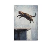 LXPPLSYY Animal Oil Painting - A Cat Fencing Mid-air over A Rooftop Edge, Cinematic Oil Drama, Flat Shadow Gray Background Wall Art Mural Modern Decoration Hanging Art Poster 12x18inch(30x45cm)