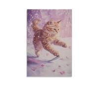 LXPPLSYY Animal Oil Painting - A Cat Ice Skating with Flower Petals Trailing, Magical Realism Oil, Soft Lavender Background Wall Art Mural Modern Decoration Hanging Art Poster 12x18inch(30x45cm)