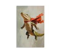 LXPPLSYY Animal Oil Painting - A Crocodile Skydiving in A Superhero Cape, Oil Strokes with Motion, Flat Light Gray Background Wall Art Mural Modern Decoration Hanging Art Poster 20x30inch(50x75cm)