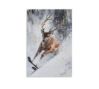 LXPPLSYY Animal Oil Painting - A Deer Skiing Downhill during Snowfall, Peaceful Brush Feel, Solid Fog White Background Wall Art Mural Modern Decoration Hanging Art Poster 12x18inch(30x45cm)