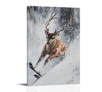 LXPPLSYY Animal Oil Painting - A Deer Skiing Downhill during Snowfall, Peaceful Brush Feel, Solid Fog White Background Wall Art Mural Modern Decoration Hanging Art Poster 20x30inch(50x75cm)