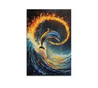 LXPPLSYY Animal Oil Painting - A Dolphin Jumping through Hoops of Fire Mid-wave, Epic Oil Flow, Solid Ocean Background Wall Art Mural Modern Decoration Hanging Art Poster 12x18inch(30x45cm)
