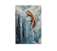 LXPPLSYY Animal Oil Painting - A Fox Climbing Up An Icy Waterfall Wall, Frosty Texture in Brush, Minimalist Glacier Backdrop Wall Art Mural Modern Decoration Hanging Art Poster 16x24inch(40x60cm)