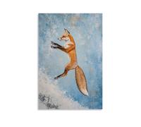 LXPPLSYY Animal Oil Painting - A Fox Performing Ballet Mid-ski Jump, Elegant Oil Pose, Winter Pastel Blue Background Wall Art Mural Modern Decoration Hanging Art Poster 24x36inch(60x90cm)