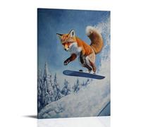 LXPPLSYY Animal Oil Painting - A Fox Snowboarding Off A Rooftop, Dynamic Street Style, Flat Arctic Blue Backdrop Wall Art Mural Modern Decoration Hanging Art Poster 08x12inch(20x30cm)