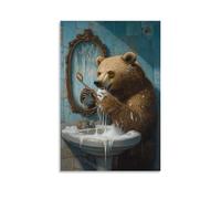 LXPPLSYY Animal Oil Painting of A Bear Brushing Teeth So Hard The Mirror Cracked, Foam Flooding Onto The Tiles. Wall Art Mural Modern Decoration Hanging Art Poster 16x24inch(40x60cm)