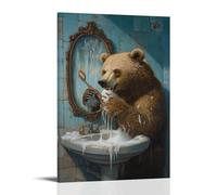 LXPPLSYY Animal Oil Painting of A Bear Brushing Teeth So Hard The Mirror Cracked, Foam Flooding Onto The Tiles. Wall Art Mural Modern Decoration Hanging Art Poster 08x12inch(20x30cm)