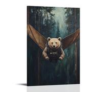 LXPPLSYY Animal Oil Painting of A Bear in A Tactical Glider Suit Flying over Conifers on Minimalist Dark Forest Green. Wall Art Mural Modern Decoration Hanging Art Poster 12x18inch(30x45cm)