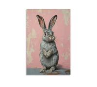 LXPPLSYY Animal Oil Painting of A Bunny Brushing Fur Furiously in A Race Against The Clock, Set Against A Dusty Pink Wall. Wall Art Mural Modern Decoration Hanging Art Poster 16x24inch(40x60cm)