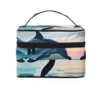 LXqlSS cute Dolphin jumping Makeup Bag Portable Travel Cosmetic Bag for Women, Beauty Zipper Makeup Organizer PU Leather Washable Waterproof, Black, One Size