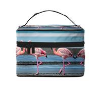 LXqlSS flamingos on the beach Makeup Bag Portable Travel Cosmetic Bag for Women, Beauty Zipper Makeup Organizer PU Leather Washable Waterproof, Black, One Size