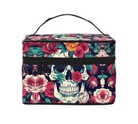 LXqlSS Flowers Skull Ornamental Makeup Bag Portable Travel Cosmetic Bag for Women, Beauty Zipper Makeup Organizer PU Leather Washable Waterproof, Black, One Size