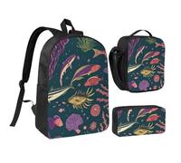 LXqlSS Ocean Underwater Fish print Backpack Bookbag for Daily Use,3 Pcs Backpack Set with Lunch Box and Pencil Case