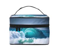LXqlSS Ocean Wave Makeup Bag Portable Travel Cosmetic Bag for Women, Beauty Zipper Makeup Organizer PU Leather Washable Waterproof, Black, One Size
