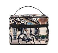 LXqlSS Romantic Paris Eiffel Tower Bycicle Makeup Bag Portable Travel Cosmetic Bag for Women, Beauty Zipper Makeup Organizer PU Leather Washable Waterproof, Black, One Size