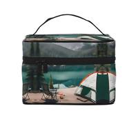 LXqlSS Serenity Lake Camping Makeup Bag Portable Travel Cosmetic Bag for Women, Beauty Zipper Makeup Organizer PU Leather Washable Waterproof, Black, One Size