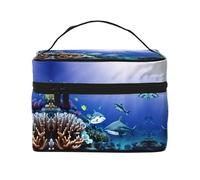 LXqlSS Shark Swimming Under the Sea Makeup Bag Portable Travel Cosmetic Bag for Women, Beauty Zipper Makeup Organizer PU Leather Washable Waterproof, Black, One Size