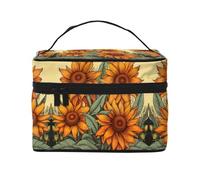 LXqlSS Spring Sunflowers Retro Flowers Makeup Bag Portable Travel Cosmetic Bag for Women, Beauty Zipper Makeup Organizer PU Leather Washable Waterproof, Black, One Size