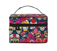LXqlSS Sugar and Skulls and Flowers Makeup Bag Portable Travel Cosmetic Bag for Women, Beauty Zipper Makeup Organizer PU Leather Washable Waterproof, Black, One Size