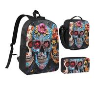 LXqlSS sugar skulls print Backpack Bookbag for Daily Use,3 Pcs Backpack Set with Lunch Box and Pencil Case