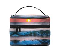 LXqlSS Sunset and Sunrise with Ocean Sea Waves Makeup Bag Portable Travel Cosmetic Bag for Women, Beauty Zipper Makeup Organizer PU Leather Washable Waterproof, Black, One Size
