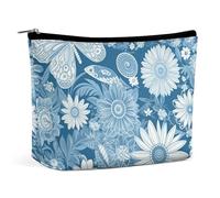 LXTDPBK Cosmetic Bag Travel Makeup Bag Waterproof Toiletry Bag Floral Art Bunny Makeup Organizer Case Portable Toiletry Pouch Large Capacity Zipper Pouch for Women Men, Blue Flower Pattern, One Size,