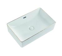 LXTEDJ Modern Luxury Bathroom Sink, Rectangular Above Counter Basin, White Ceramic with Gold Moldings, with Overflow Port, with Pop-Up Drain-60X38X15.5CM