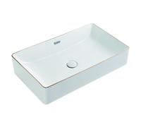 LXTEDJ Modern Luxury Bathroom Sink, Rectangular Above Counter Basin, White Ceramic with Gold Moldings, with Overflow Port, with Pop-Up Drain-70X40X15CM