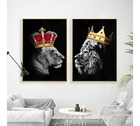 LXTOPN Lion King and Queen Head With Crown Posters Canvas Painting Lion in the Dark Pictures Canvas Black White Animal Wall Pictures Home Decoration Art Print No Frame (30 x 40 cm x 2)