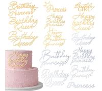 LXUEJIE 14 Pcs Happy Birthday Cake Toppers, Gold Silver Happy Birthday Princess Cake Toppers for Women, Acrylic Cupcake Decor Side Decoration Kit Girl Party Supplies