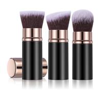 LXUEJIE 3 Pack Retractable Makeup Brush, Travel Kabuki Foundation Brush Portable Powder Foundation Brushes Face Blush Brushes for Blending Liquid Blush Bronzer Buffing Sunscreen Cosmetics(Black Gold)