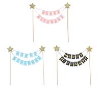 LXUEJIE 3 Sets Mini Birthday Banner, Rainbow Cake Topper Paper Pennant Flags, Happy Birthday Cake Banner Gold Star Cakes Toppers with Wooden Poles for Birthdays Party (3 Colors)