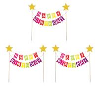 LXUEJIE 3 Sets Mini Birthday Banner, Rainbow Cake Topper Paper Pennant Flags, Happy Birthday Cake Banner Gold Star Cakes Toppers with Wooden Poles for Birthdays Party (Multicolor)