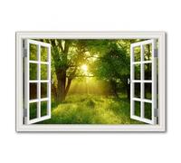 LXURY Open Window Canvas Wall Art-Fake Window View Picture-Sunlight Through The Green Forest-Nature Prints Landscape Painting for Bedroom Bathroom Decor 60x90cm Frameless