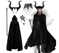 LXWINNER Maleficent Costume Women's Devil Cape with Hood, Devil Horns Headband, Maleficent Wands, Gothic Lace Necklace Bracelet for Carnival Masquerade Halloween Cosplay Party