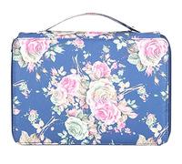 Lxwraptorial Rose Printed 4 - Layer Pencil Case with 200 Slots, Cloth Pen Holder Stationery Storage Pocket for Art Students, School and Office Use (Rose on Blue Background)