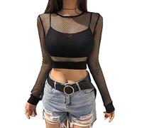 LXXIASHI Casual Women's Long Sleeve Mesh Crop Top Sexy Slim Pullover See-Through Fishnet T-Shirt Blouse, Elastic Waist - Black, S