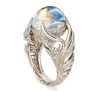 LXYQRS Natural Moonstone Ring for Women 925 Sterling Silver Ring Angel Wings Wedding Band Charming Diamond Engagement Promise Rings Size 6-10