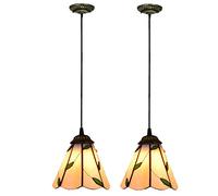 LXYST 6" Small Hanging Light Stained Pendant Lighting Ceiling Retro Green Leaf Victorian Art Glass Lamp for Kitchen Island Over Sink,2pcs
