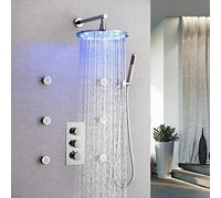 LXYST Copper Silver LED Three-color Change Dimming Bathroom Set In-wall Handheld System Nozzle Round Top Thermostatic Shower Massage Side Spray 6 3-Functions Beau