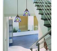 LXYST Lights, Small 6" Wide Stained Glass Hanging Lamp,Antique Rustic Pendant Lamp for Kitchen Island Counter Dining Room Hallway, Blue Ceiling,2p