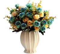 LY EMMET Artificial Rose Bouquets with Ceramics Vase Fake Rose Flowers Decoration for Table Home Office Wedding-Blue